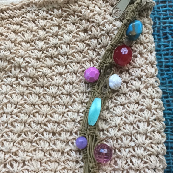 Blue Miami straw crochet purse beaded strap - Picture 3 of 6